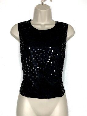 Vtg Black Sequin CROP TOP Women Size 12 Grunge Whimsigoth 80s Dani Max euro punk